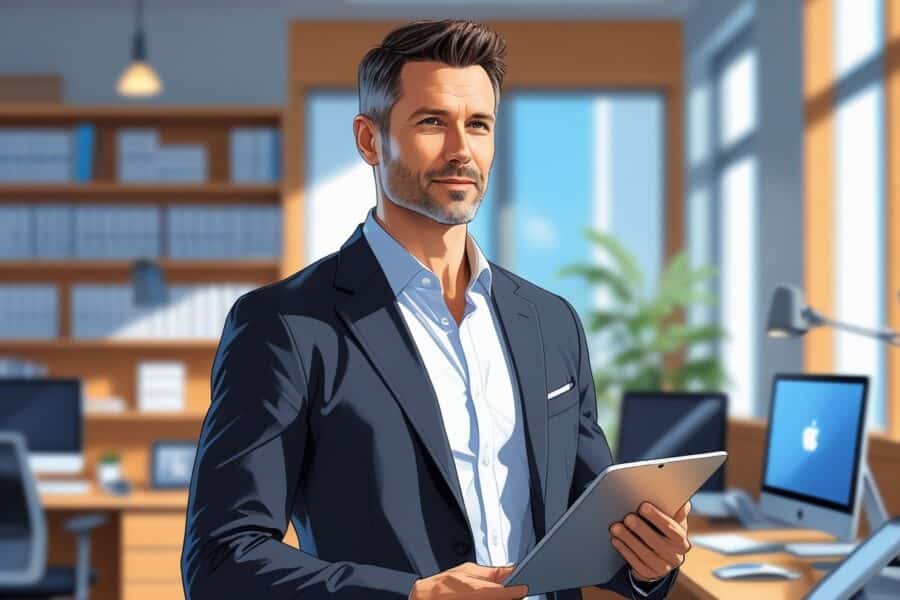 Homem de meia-idade em um escritório moderno segurando um tablet, com expressão confiante e ambiente organizado ao fundo.