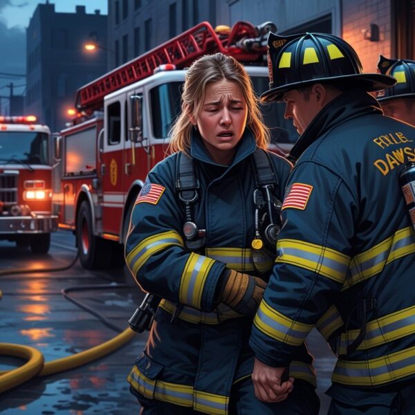 Cena de bombeiros em uma estação com uma mulher sendo apoiada por colegas, mostrando preocupação e exaustão.