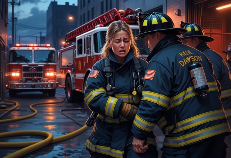 Cena de bombeiros em uma estação com uma mulher sendo apoiada por colegas, mostrando preocupação e exaustão.