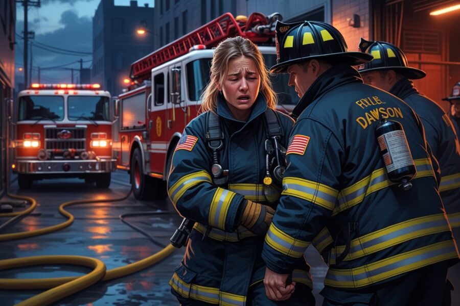 Cena de bombeiros em uma estação com uma mulher sendo apoiada por colegas, mostrando preocupação e exaustão.