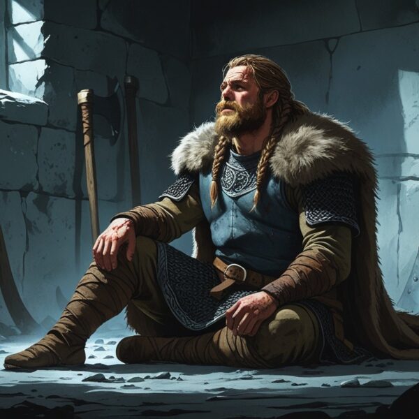 Ragnar Lothbrok sentado no chão de uma masmorra antiga, aparentando estar ferido e exausto em seus momentos finais.