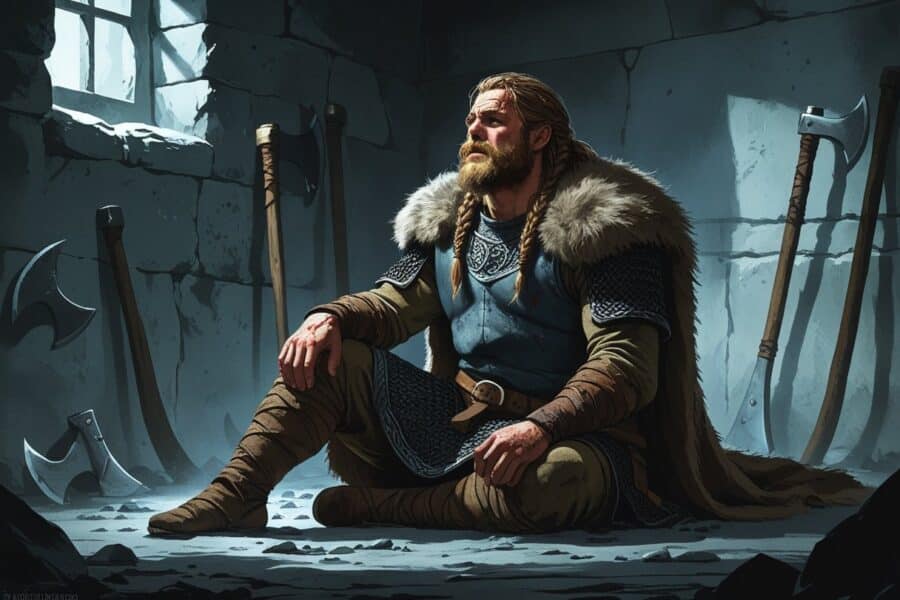 Ragnar Lothbrok sentado no chão de uma masmorra antiga, aparentando estar ferido e exausto em seus momentos finais.