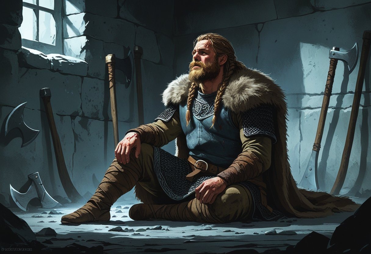 Ragnar Lothbrok sentado no chão de uma masmorra antiga, aparentando estar ferido e exausto em seus momentos finais.