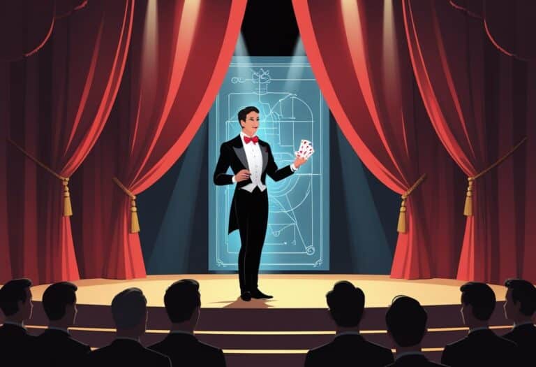 Um mágico no palco revelando o segredo de um truque, com uma cortina vermelha ao fundo e um público atento em silhuetas.