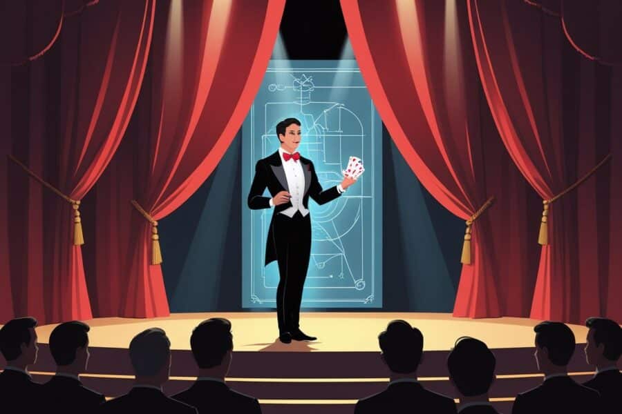 Um mágico no palco revelando o segredo de um truque, com uma cortina vermelha ao fundo e um público atento em silhuetas.