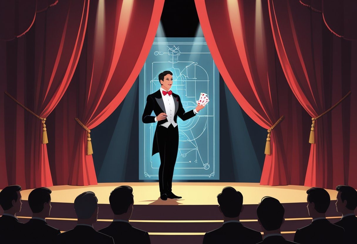 Um mágico no palco revelando o segredo de um truque, com uma cortina vermelha ao fundo e um público atento em silhuetas.