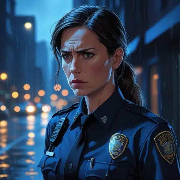 Mulher policial em uniforme azul escuro em uma rua da cidade à noite, com expressão séria e ambiente chuvoso.