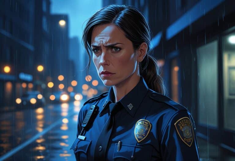 Mulher policial em uniforme azul escuro em uma rua da cidade à noite, com expressão séria e ambiente chuvoso.