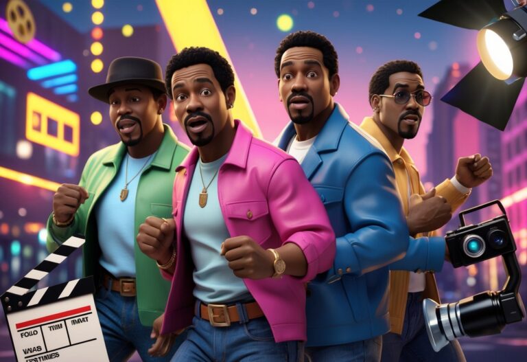 Quatro homens afro-americanos posando em uma cena de filme com um fundo urbano iluminado por luzes neon ao entardecer.