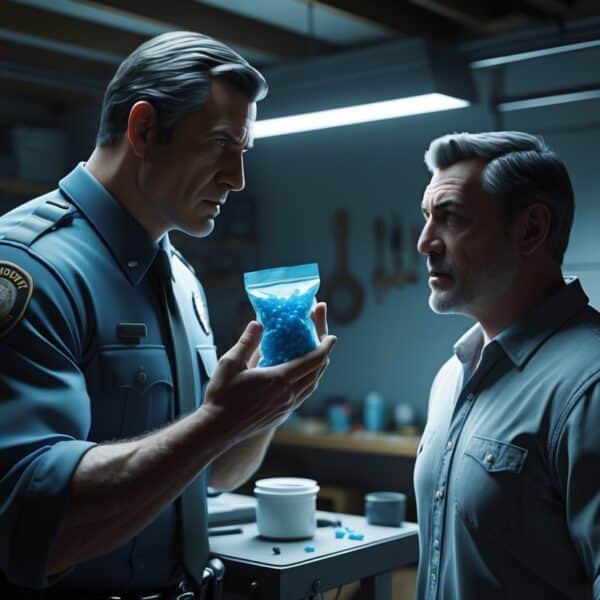 Dois homens em um porão escuro, um deles segurando um saco com cristais azuis, com expressão de choque e tensão entre eles.