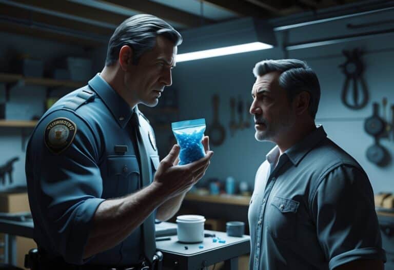 Dois homens em um porão escuro, um deles segurando um saco com cristais azuis, com expressão de choque e tensão entre eles.