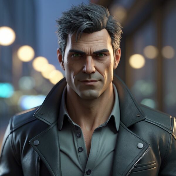 Retrato de um homem de meia-idade com cabelo curto e olhos verdes, vestindo jaqueta de couro, em um cenário urbano ao anoitecer.