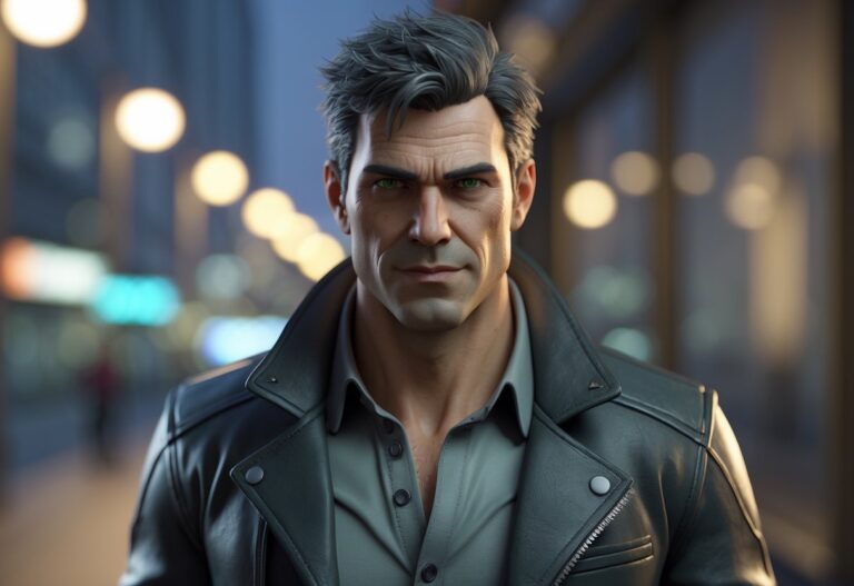 Retrato de um homem de meia-idade com cabelo curto e olhos verdes, vestindo jaqueta de couro, em um cenário urbano ao anoitecer.