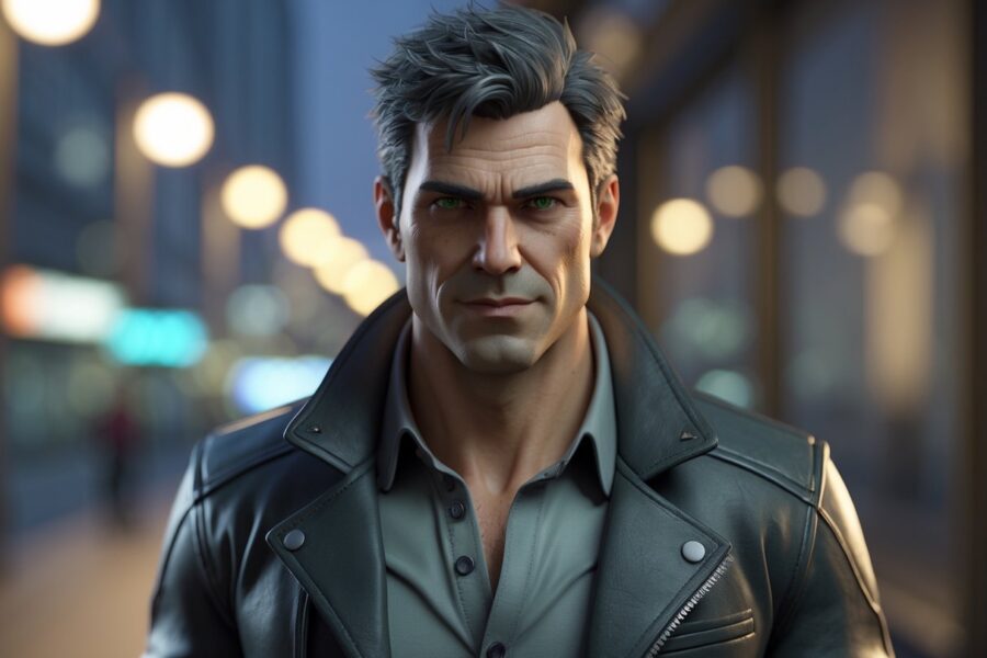 Retrato de um homem de meia-idade com cabelo curto e olhos verdes, vestindo jaqueta de couro, em um cenário urbano ao anoitecer.