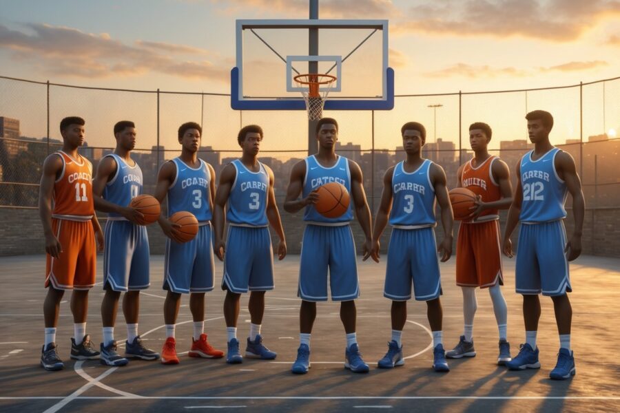 Grupo de jogadores de basquete jovens reunidos em uma quadra ao ar livre, mostrando união e determinação.
