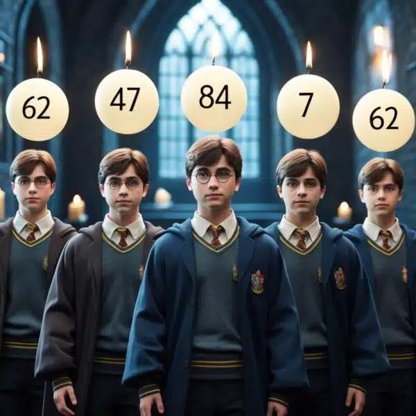 Oito modelos 3D de Harry Potter em diferentes idades, alinhados em ordem cronológica, dentro de um corredor do castelo de Hogwarts com velas flutuantes e retratos encantados ao fundo.