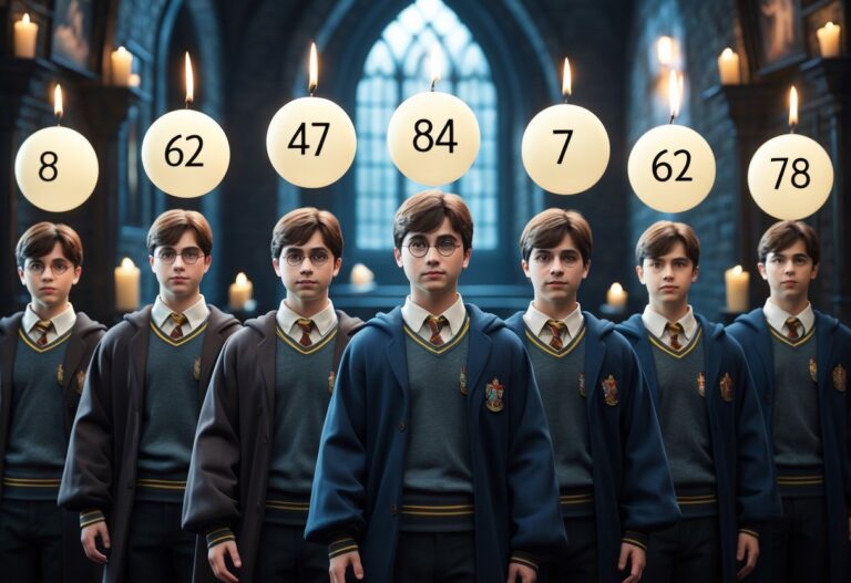 Oito modelos 3D de Harry Potter em diferentes idades, alinhados em ordem cronológica, dentro de um corredor do castelo de Hogwarts com velas flutuantes e retratos encantados ao fundo.