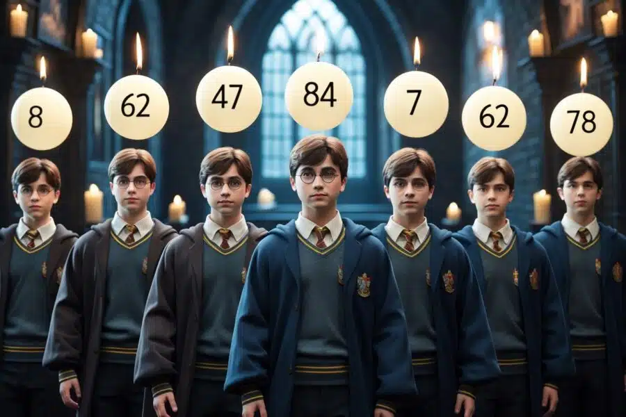 Oito modelos 3D de Harry Potter em diferentes idades, alinhados em ordem cronológica, dentro de um corredor do castelo de Hogwarts com velas flutuantes e retratos encantados ao fundo.