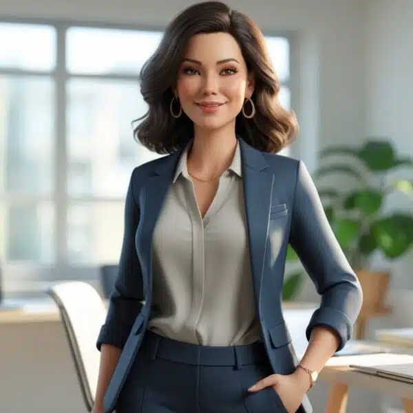 Mulher confiante em um escritório moderno, com cabelo castanho ondulado, sorriso amigável e roupas elegantes, cercada por itens de trabalho como laptop e plantas.