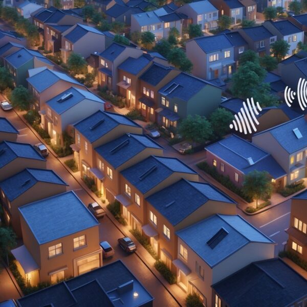 Vista aérea de um bairro urbano com várias casas próximas e luzes acesas, mostrando uma atmosfera animada ao entardecer.