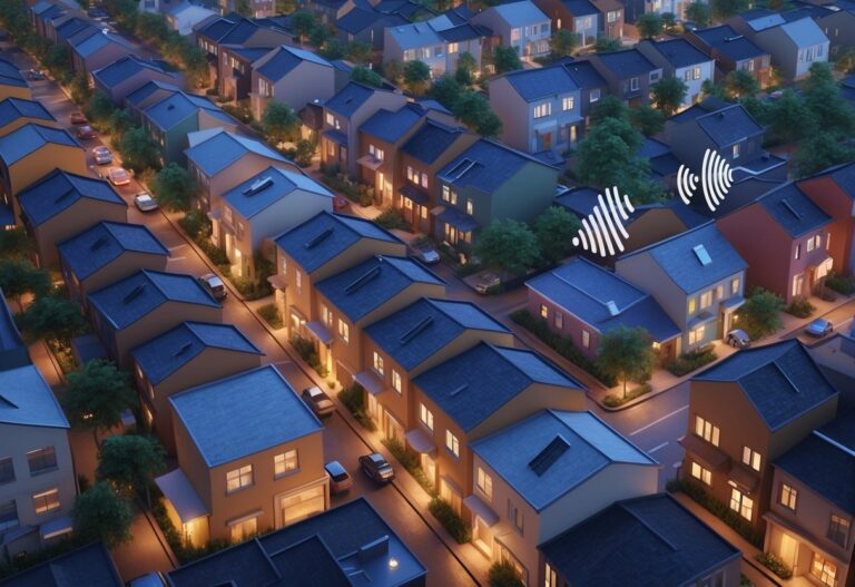 Vista aérea de um bairro urbano com várias casas próximas e luzes acesas, mostrando uma atmosfera animada ao entardecer.