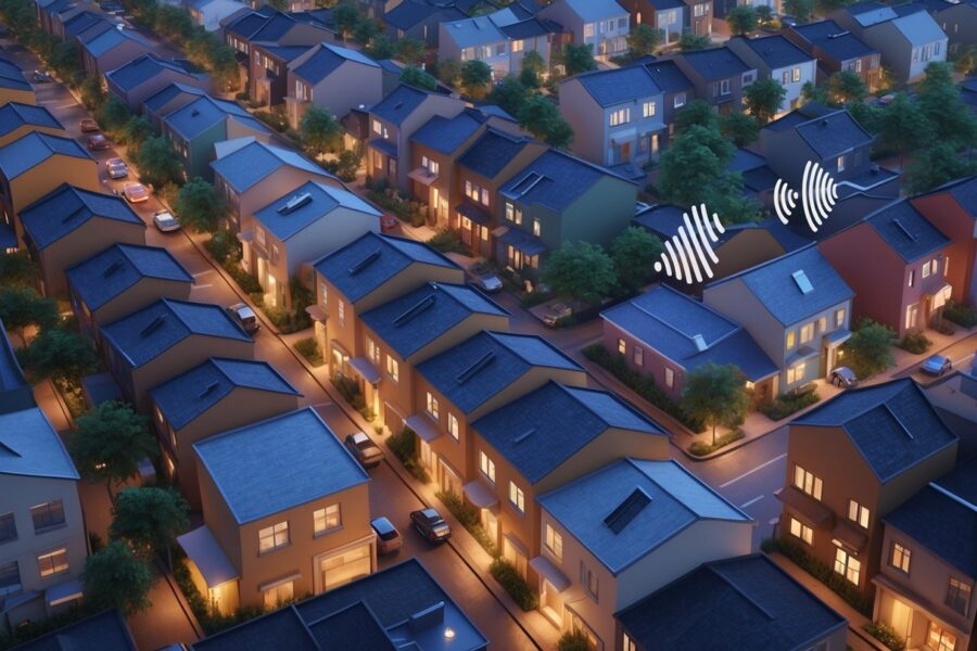 Vista aérea de um bairro urbano com várias casas próximas e luzes acesas, mostrando uma atmosfera animada ao entardecer.