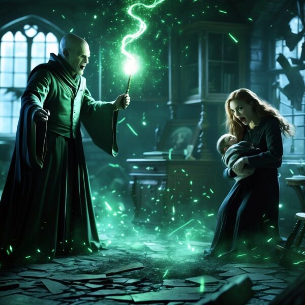 Cena mostrando Voldemort atacando os pais de Harry em uma casa escura, com os pais tentando proteger o bebê Harry.
