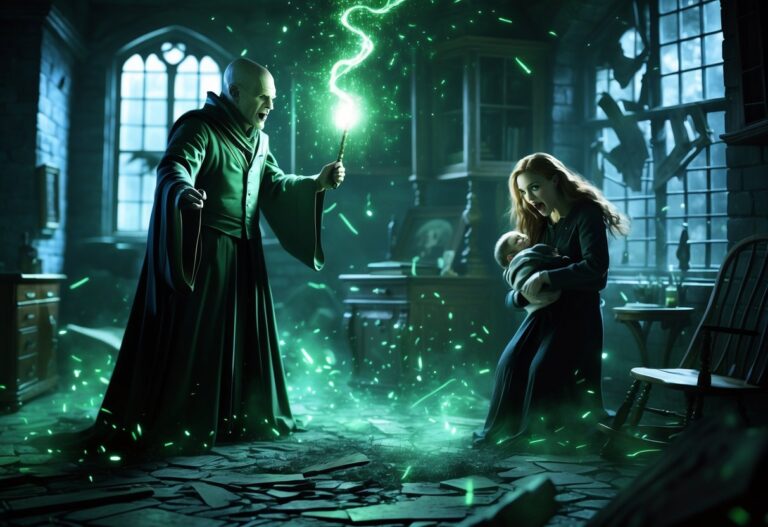 Cena mostrando Voldemort atacando os pais de Harry em uma casa escura, com os pais tentando proteger o bebê Harry.