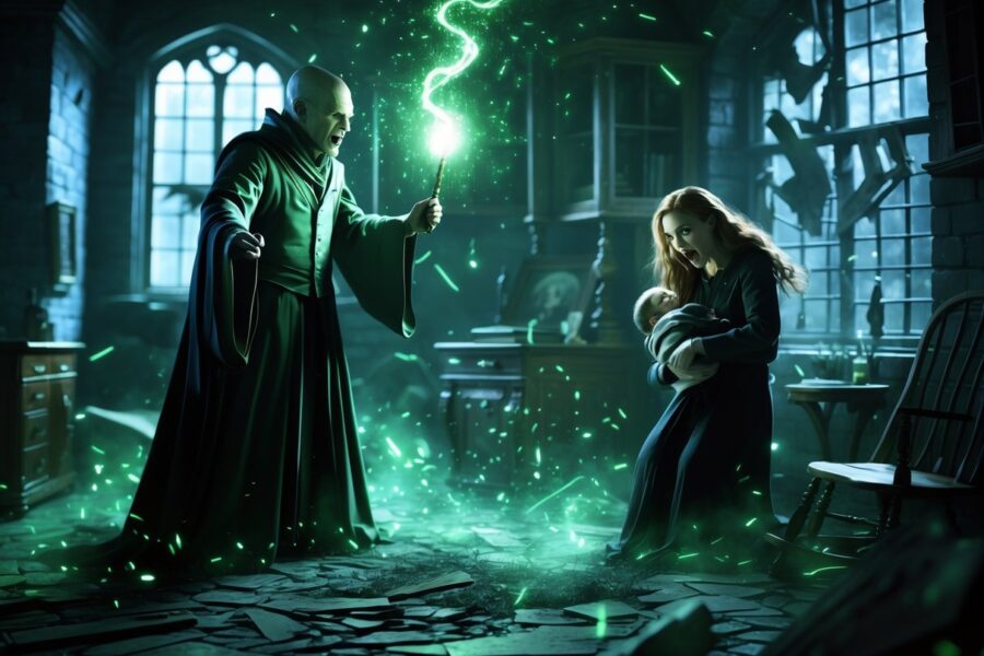 Cena mostrando Voldemort atacando os pais de Harry em uma casa escura, com os pais tentando proteger o bebê Harry.
