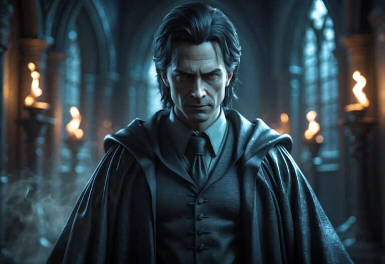 Um mago sombrio com roupas pretas em um corredor de castelo escuro e com tochas acesas nas paredes.
