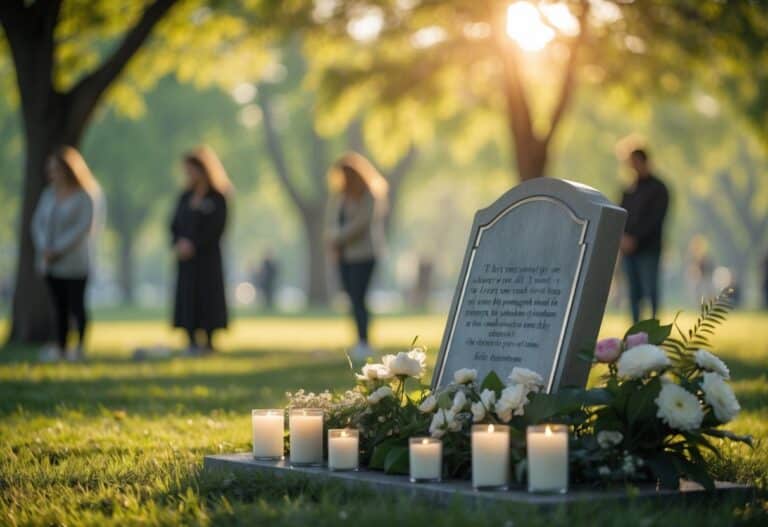 Cena de um memorial ao ar livre com uma lápide, flores e velas, pessoas ao fundo prestando homenagem.