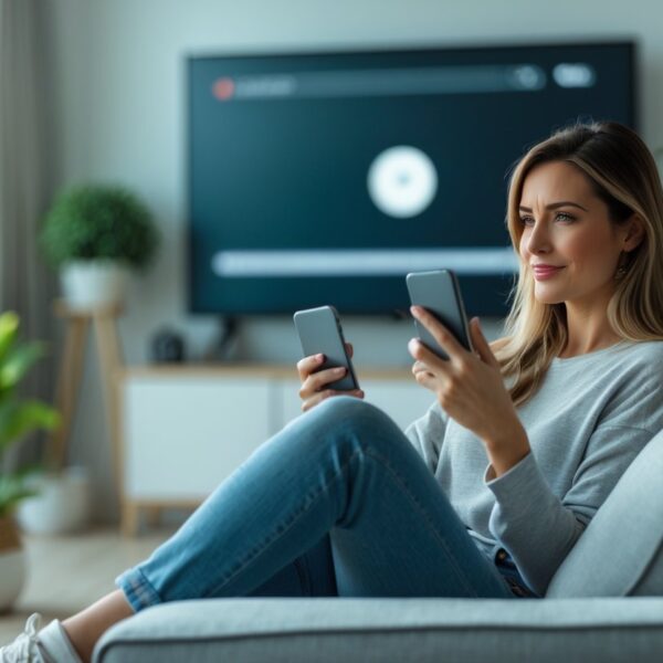 Mulher jovem sentada em um sofá assistindo vídeos no celular em uma sala de estar moderna e iluminada.