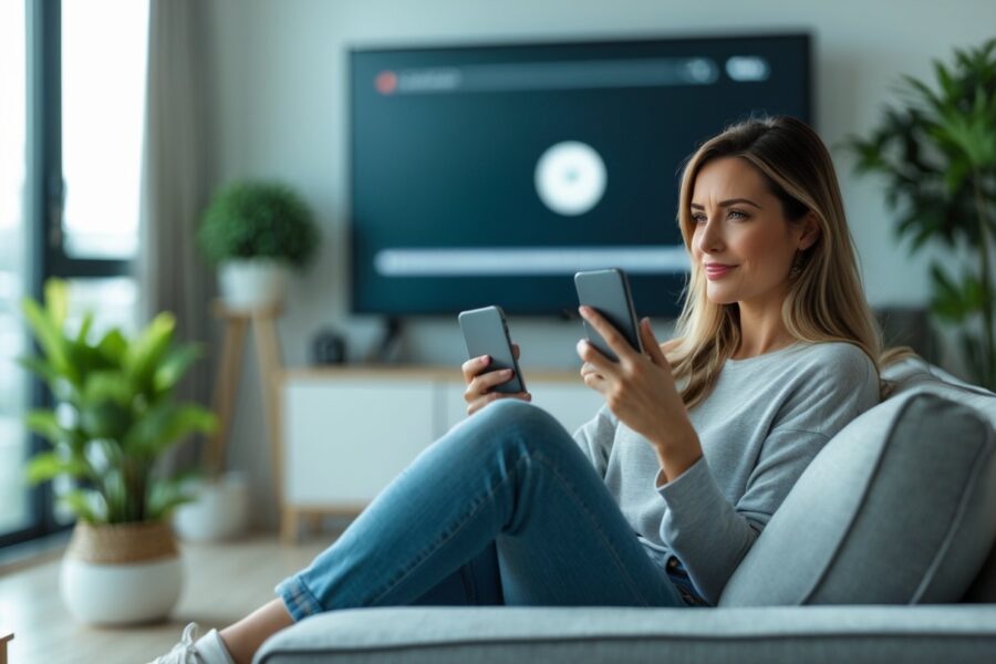 Mulher jovem sentada em um sofá assistindo vídeos no celular em uma sala de estar moderna e iluminada.