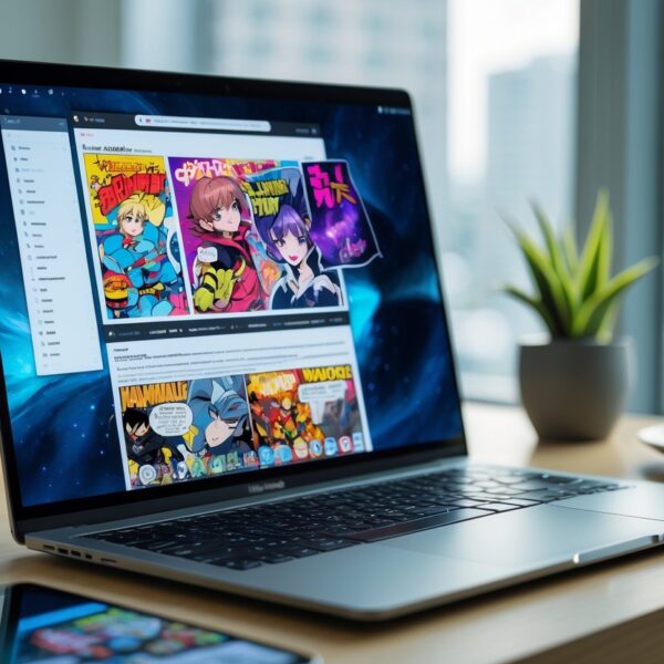 Um espaço de trabalho moderno com um laptop aberto mostrando uma página colorida de manhwa na tela, com uma planta pequena e uma xícara de café ao lado.