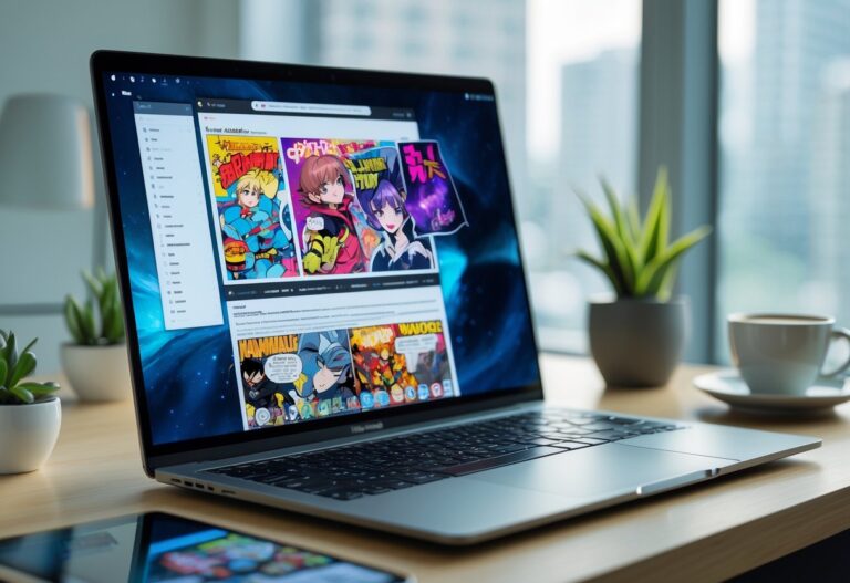 Um espaço de trabalho moderno com um laptop aberto mostrando uma página colorida de manhwa na tela, com uma planta pequena e uma xícara de café ao lado.