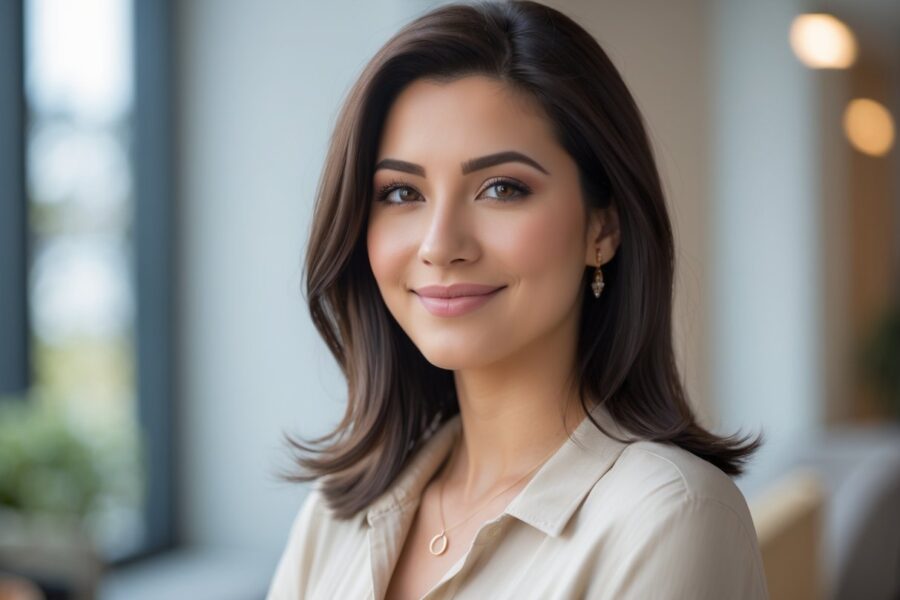 Mulher jovem e confiante sorrindo em um ambiente interno com luz natural.