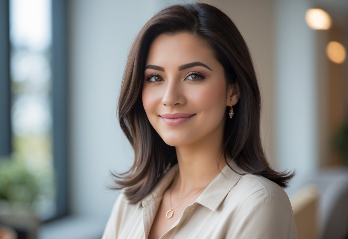 Mulher jovem e confiante sorrindo em um ambiente interno com luz natural.