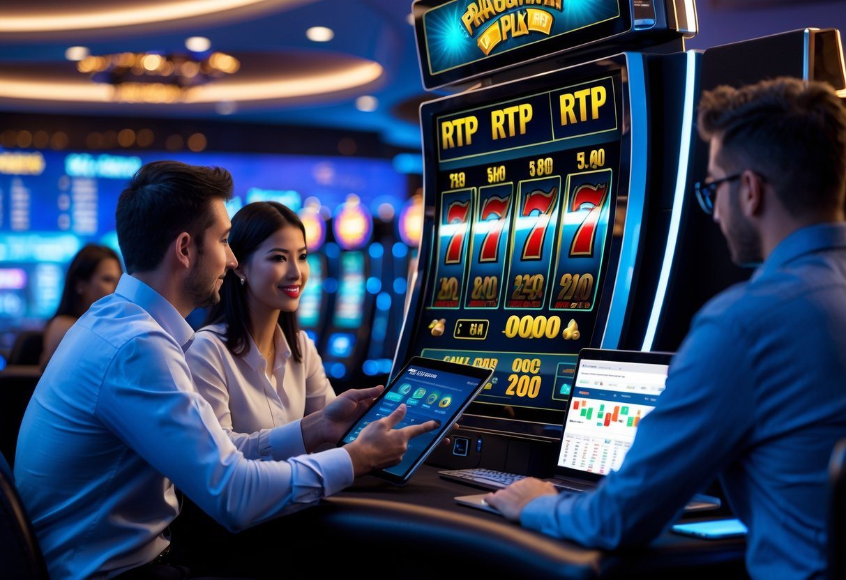 Pessoas em um ambiente de cassino moderno analisando estatísticas de jogos de slot em dispositivos digitais.