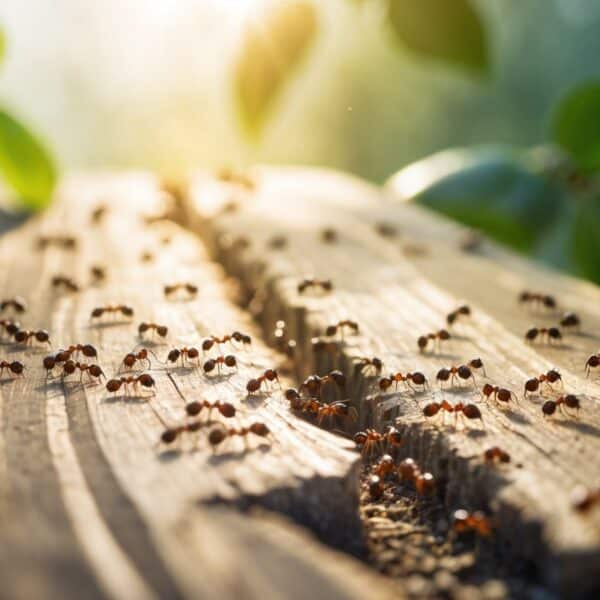Tronco de madeira com formigas caminhando em fila, com folhas verdes desfocadas ao fundo e luz natural suave.