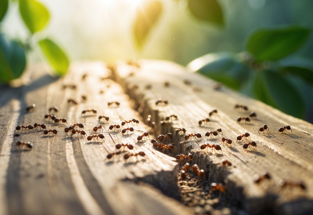 Tronco de madeira com formigas caminhando em fila, com folhas verdes desfocadas ao fundo e luz natural suave.