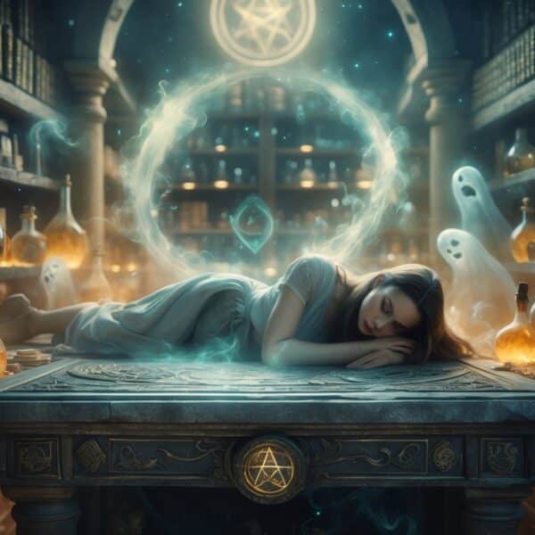 Mulher jovem deitada em um altar antigo em um laboratório de alquimia, cercada por luz suave e figuras fantasmagóricas representando almas partindo.