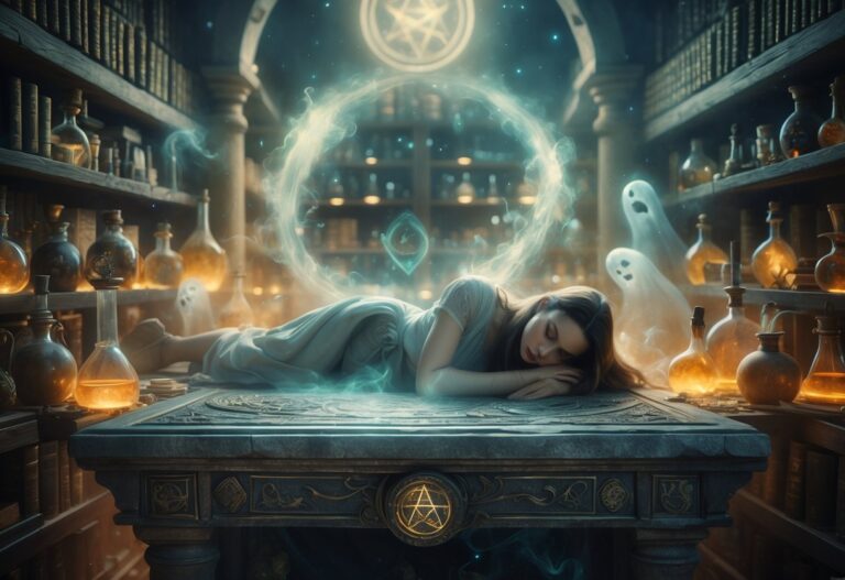 Mulher jovem deitada em um altar antigo em um laboratório de alquimia, cercada por luz suave e figuras fantasmagóricas representando almas partindo.
