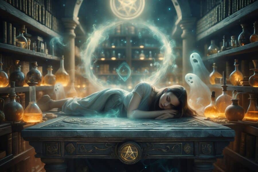 Mulher jovem deitada em um altar antigo em um laboratório de alquimia, cercada por luz suave e figuras fantasmagóricas representando almas partindo.