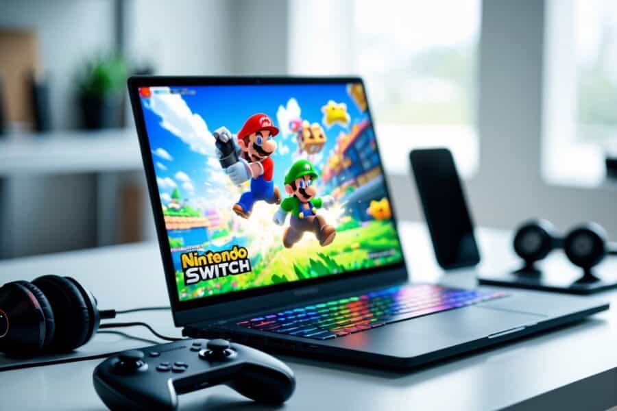 Um laptop exibindo um emulador de Nintendo Switch com um jogo colorido na tela, em uma mesa organizada com acessórios de jogos ao redor.