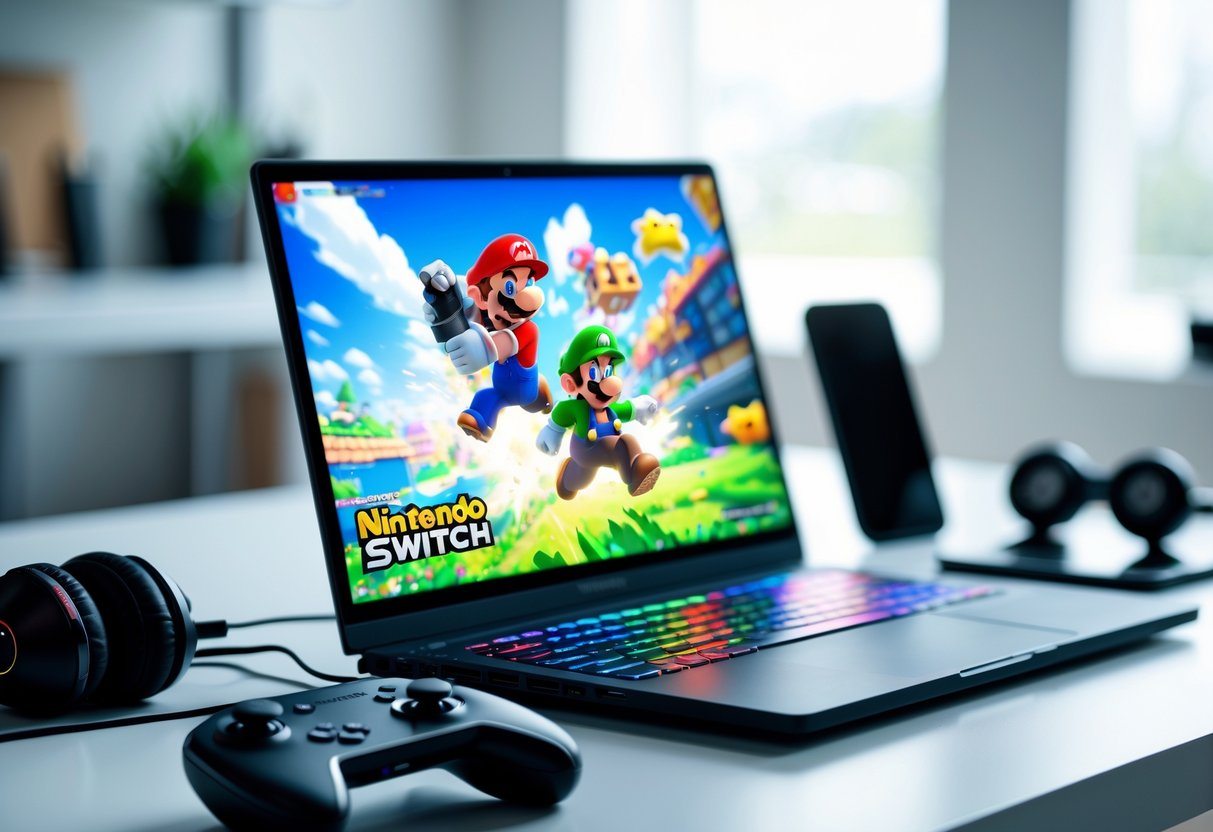 Um laptop exibindo um emulador de Nintendo Switch com um jogo colorido na tela, em uma mesa organizada com acessórios de jogos ao redor.