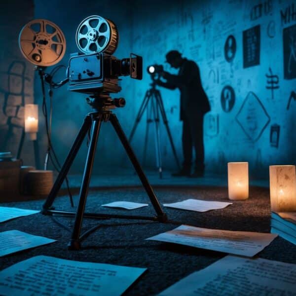Cena de um set de filmagem antigo com uma câmera clássica, rolos de filme, anotações e uma pessoa observando símbolos misteriosos em uma parede.