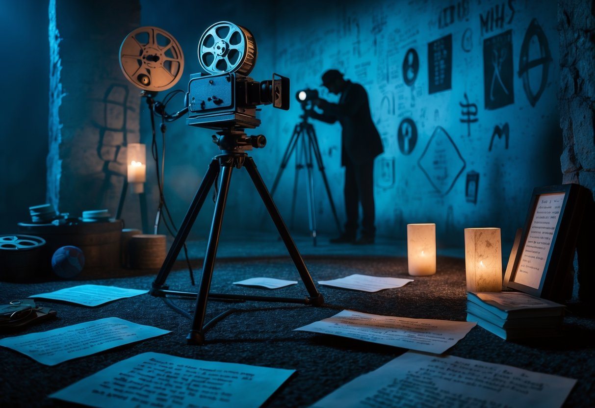 Cena de um set de filmagem antigo com uma câmera clássica, rolos de filme, anotações e uma pessoa observando símbolos misteriosos em uma parede.