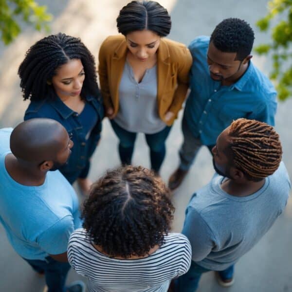 Cinco pessoas diversas em pé próximas em círculo, vistas de cima, em um parque urbano com árvores ao fundo.