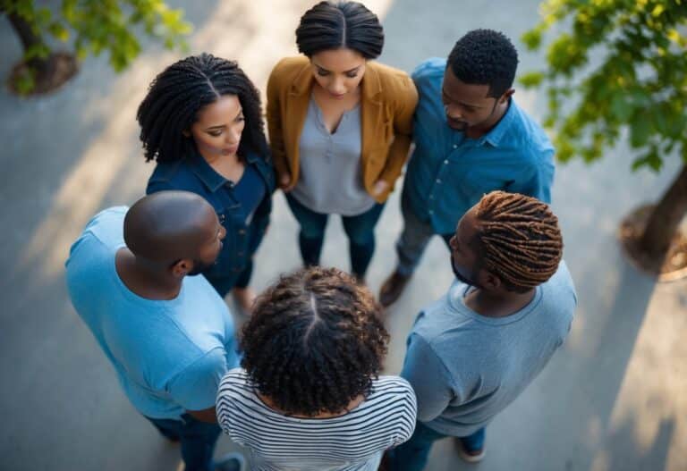Cinco pessoas diversas em pé próximas em círculo, vistas de cima, em um parque urbano com árvores ao fundo.