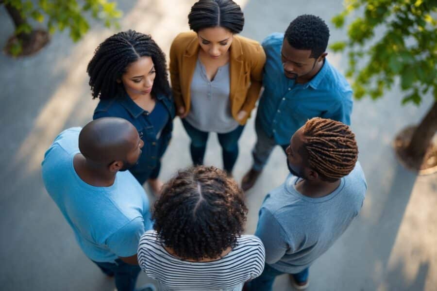 Cinco pessoas diversas em pé próximas em círculo, vistas de cima, em um parque urbano com árvores ao fundo.